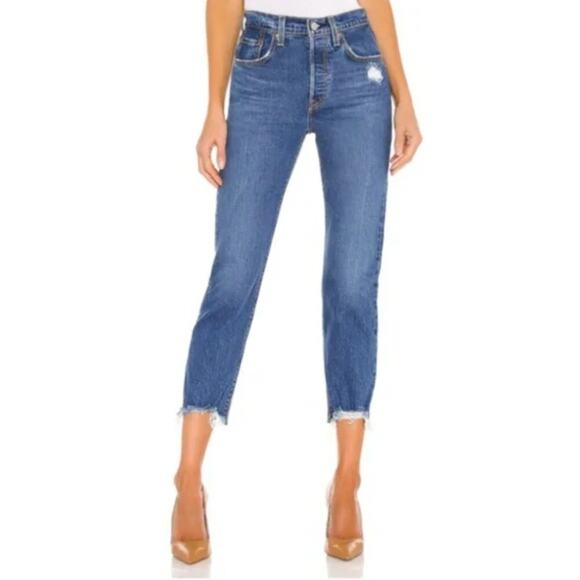 Levi's 501 High Waist Crop Straight Leg Jeans In Charleston Fun - Picture 2 of 10